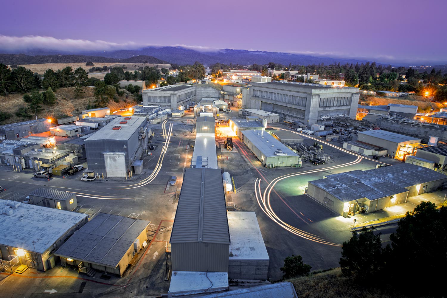 SLAC's research yard at dawn, seen from the radio tower overlook.