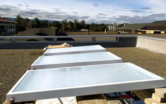 Fluid-cooling panels on the roof of Stanford building