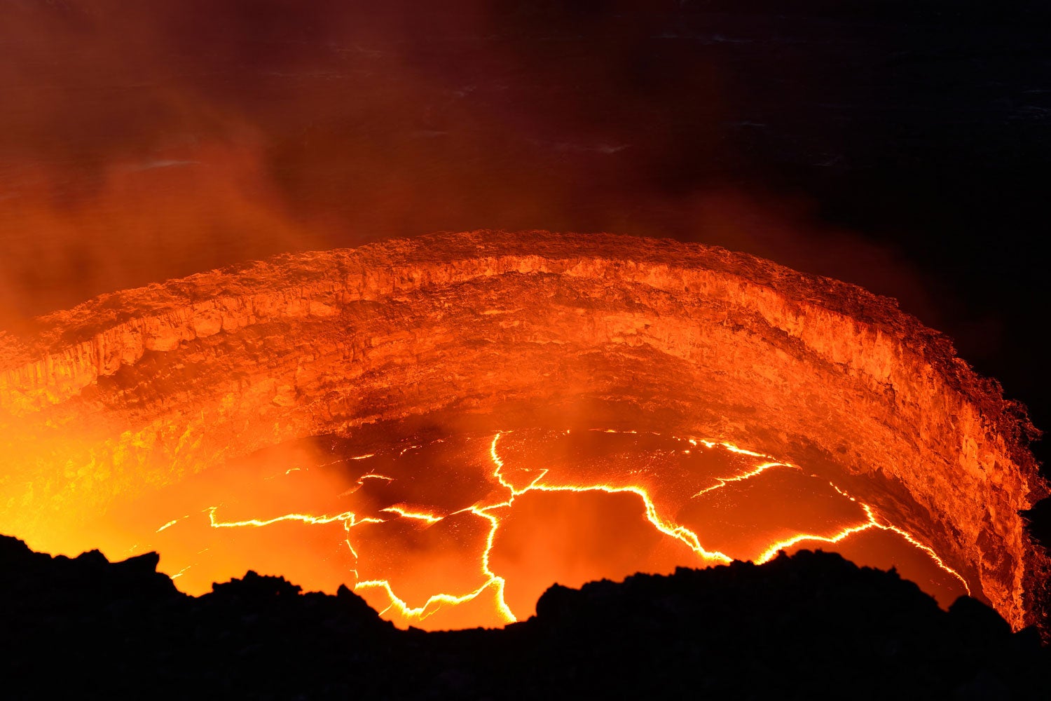 Inside view of an active volcano with lava flow at Hawaii Volcanoes National Park.