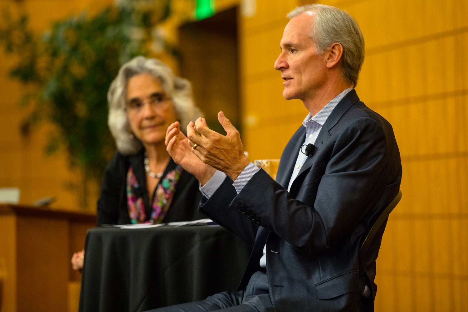 Persis Drell and Marc Tessier-Lavigne at Q&A with Stanford community on Oct. 4, 2017