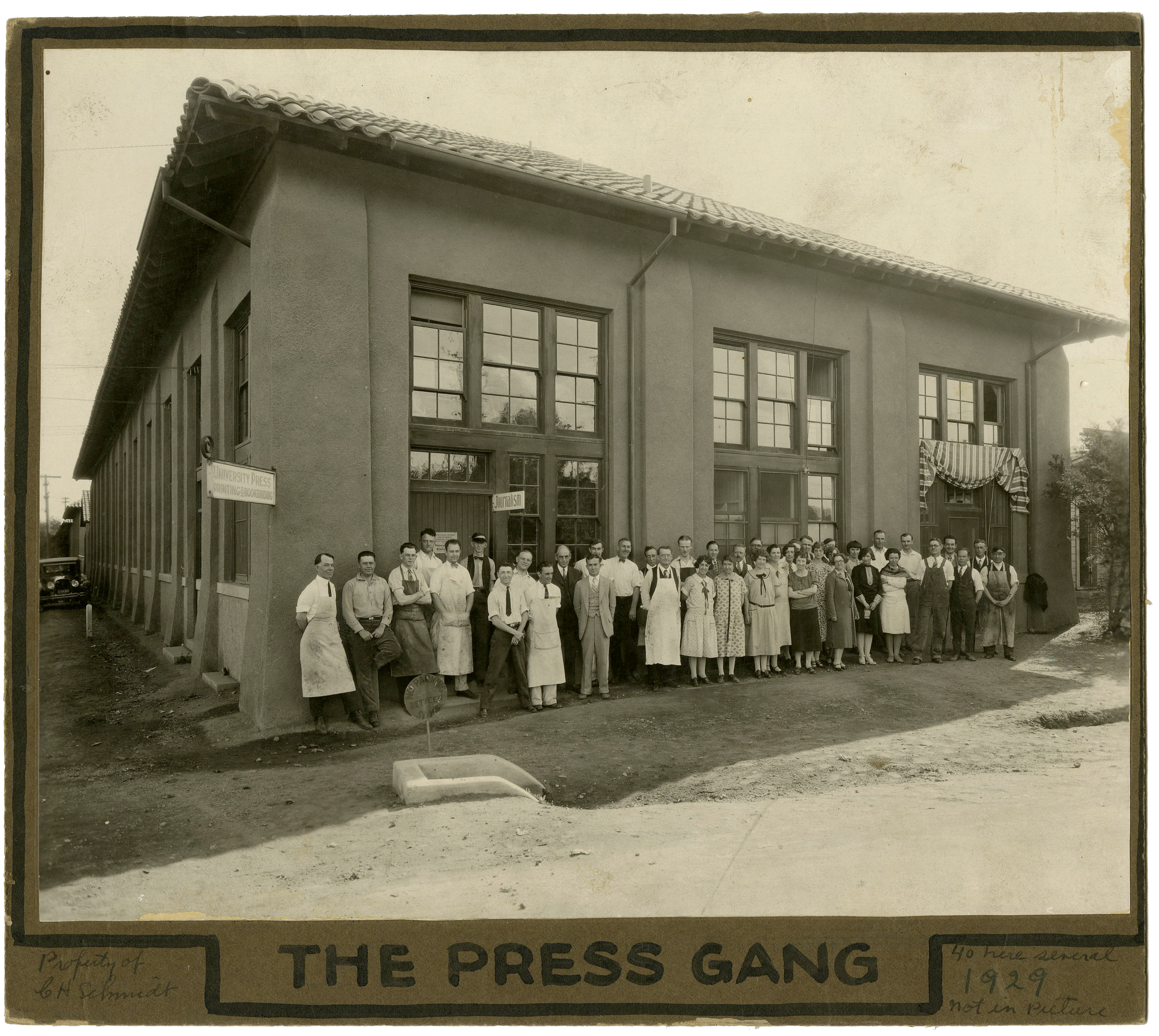 A 1929 photo of Stanford University Press' team in front of their office building.