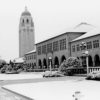 Serra Street, Hoover Tower and the front of the Main Quad after a rare snowfall on Jan. 20, 1962.