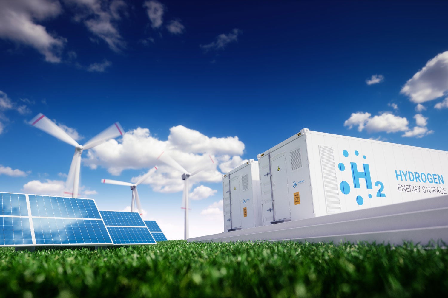 illustration of solar array, wind turbine and hydrogen storage units