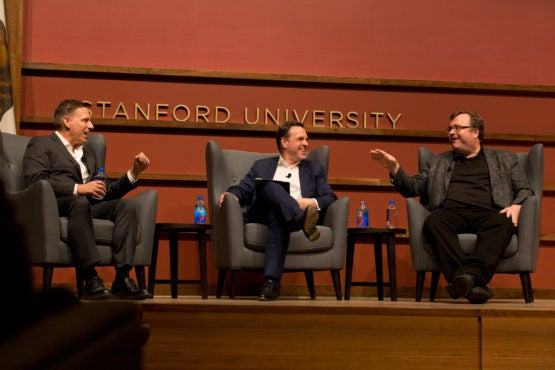 Peter Thiel, Niall Ferguson and Reed Hoffman on stage