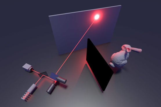 representation of a laser light bouncing off a surface to illuminate an object hidden around the corner