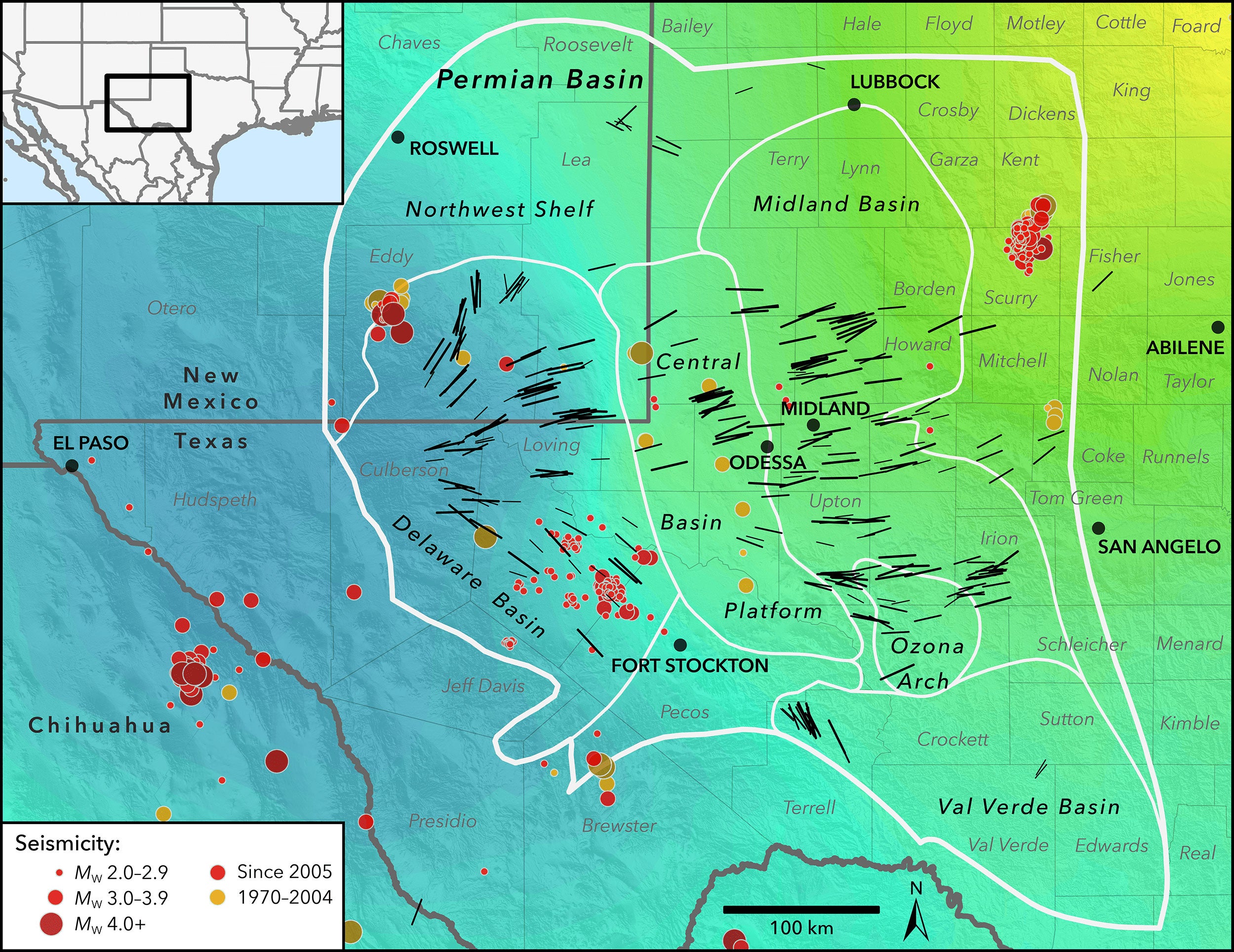 New map of the Earth’s stress field in the Permian Basin, west Texas and southeast New Mexico. Black lines represent measured directions of maximum horizontal stress. The colored background represents whether the Earth’s crust is extensional or compressional. Blue areas to the west indicate that normal (extensional) faults are potentially active, yellow (mostly out of view to the northeast) represents strike-slip faulting (more compressional), and green means that both normal and strike-slip faults are potentially active. Earthquake locations are shown as colored dots. In recent years, several new clusters of earthquakes (red dots) have occurred in the southern Delaware Basin, near the town of Fort Stockton, and another cluster has occurred near Midland. In contrast, older events (orange dots) are concentrated on the Central Basin Platform.