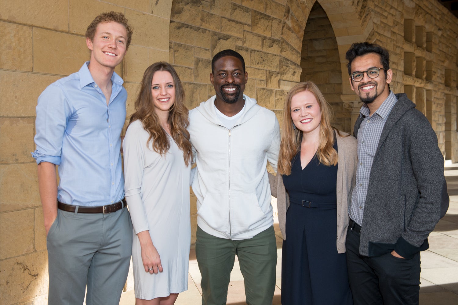 Senior class presidents, from left, Jack Seaton, Madilyn Ontiveros, actor and commencement speaker Sterling K. Brown, senior class presidents Rachel Morrow and Ibrahim Bharmal.