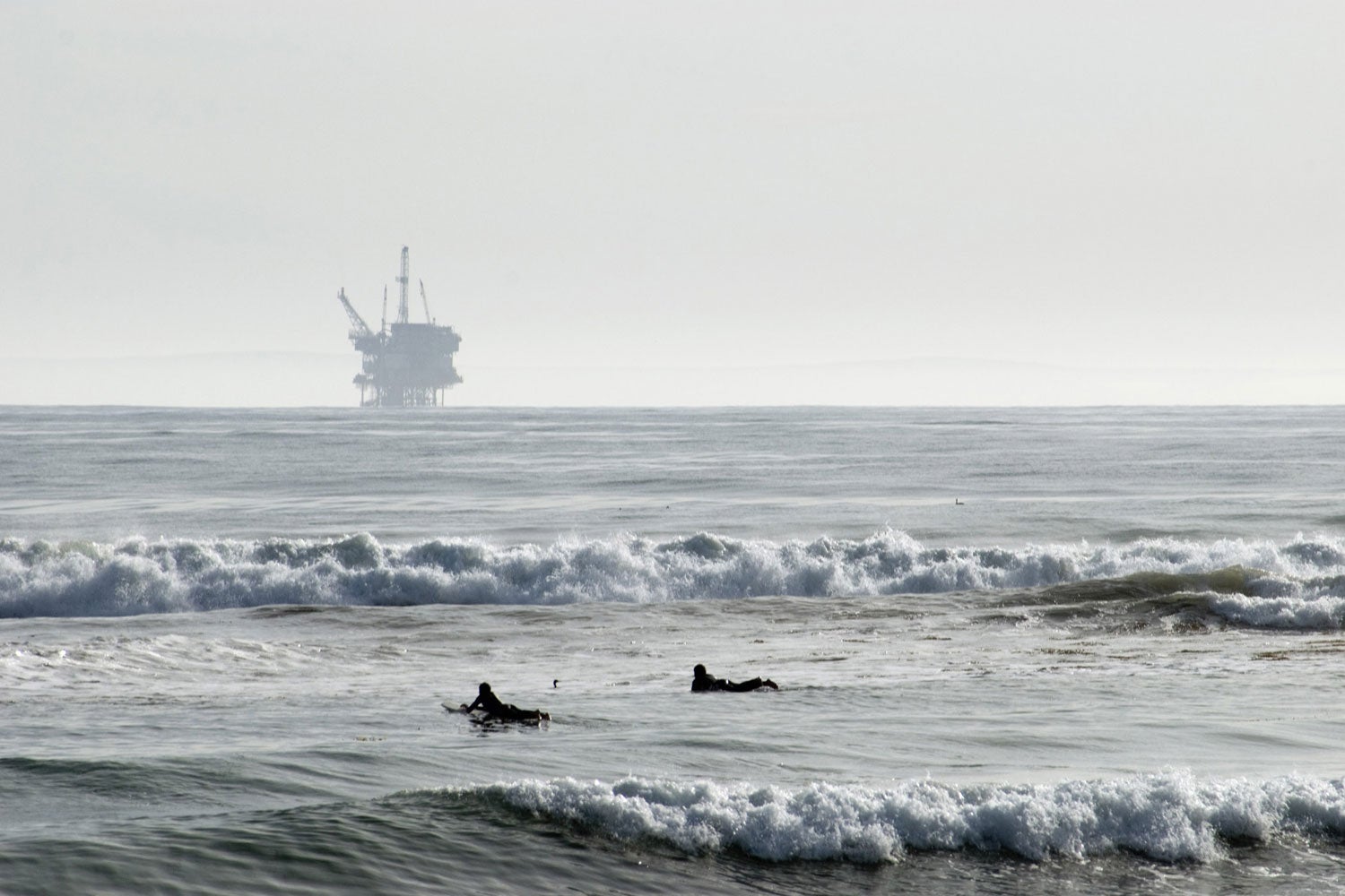 An oil platform off the coast of Santa Barbara, California. After a large oil spill there in 1969, California halted leasing of state-controlled offshore tracts for drilling.