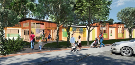 artists rendering of front of Children's Center of the Stanford Community is scheduled to open in 2019