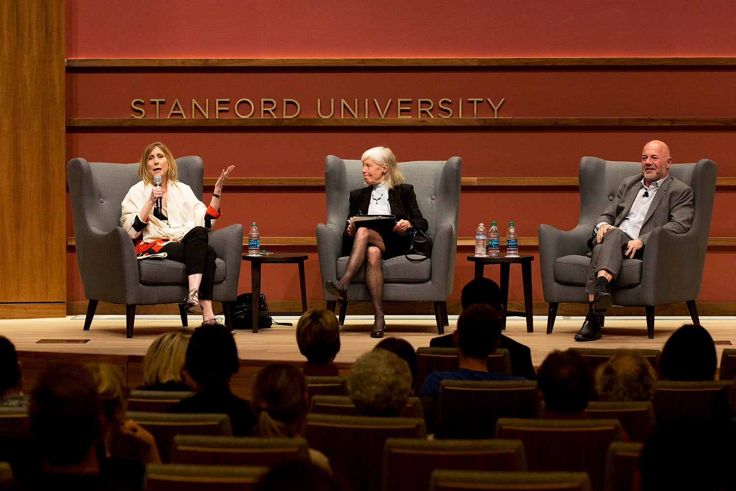 Philosopher Christina Sommers, Stanford law Professor Deborah Rhode and journalist Andrew Sullivan on stage at May 23 Cardinal Conversations event