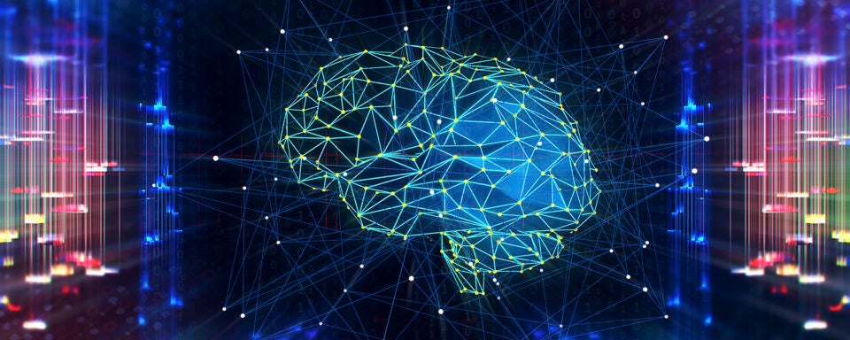 Artificial Intelligence digital concept; illustration of brain as connected network