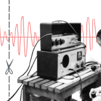 Engineers work with early audio electronics.