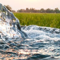 closeup of water pouring from an irrigation pipe with field in the background