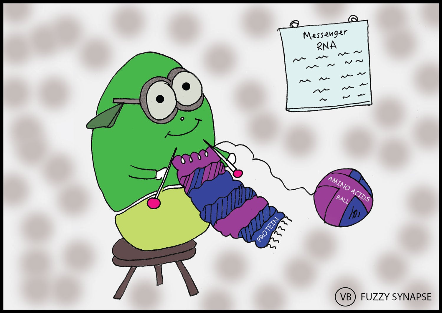 Illustration visualizes the process of synthesizing proteins in living cells where ribosomes use what’s called messenger RNA and amino acids to make proteins. The sketch depicts an anthropomorphized ribosome knitting a ball of yarn (the amino acids) into a cloth (the protein) while reading a message (the RNA).