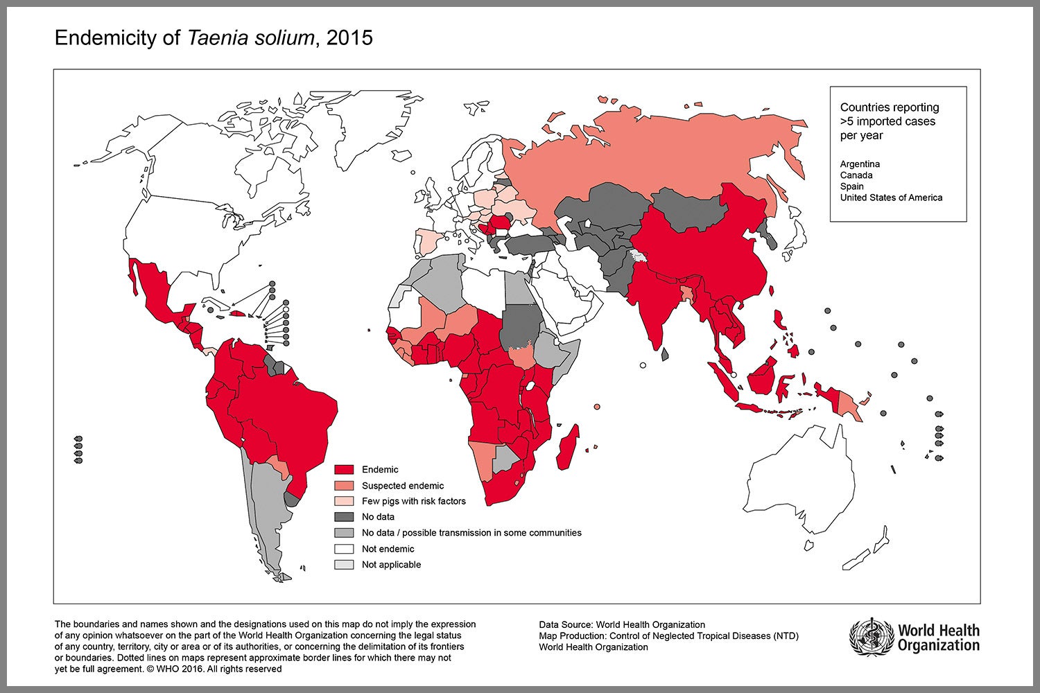 Map graphic showing locations of reported pig tapeworm infections.