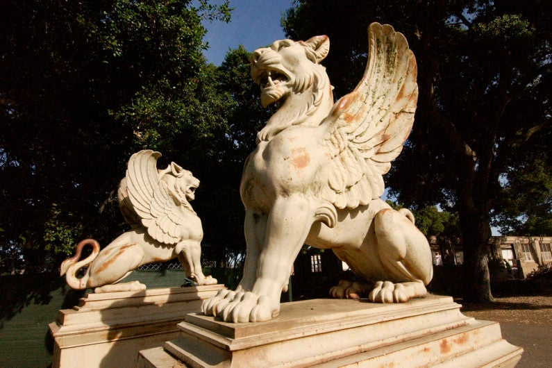 Griffin statues before they were placed in Ford Plaza in 2004.