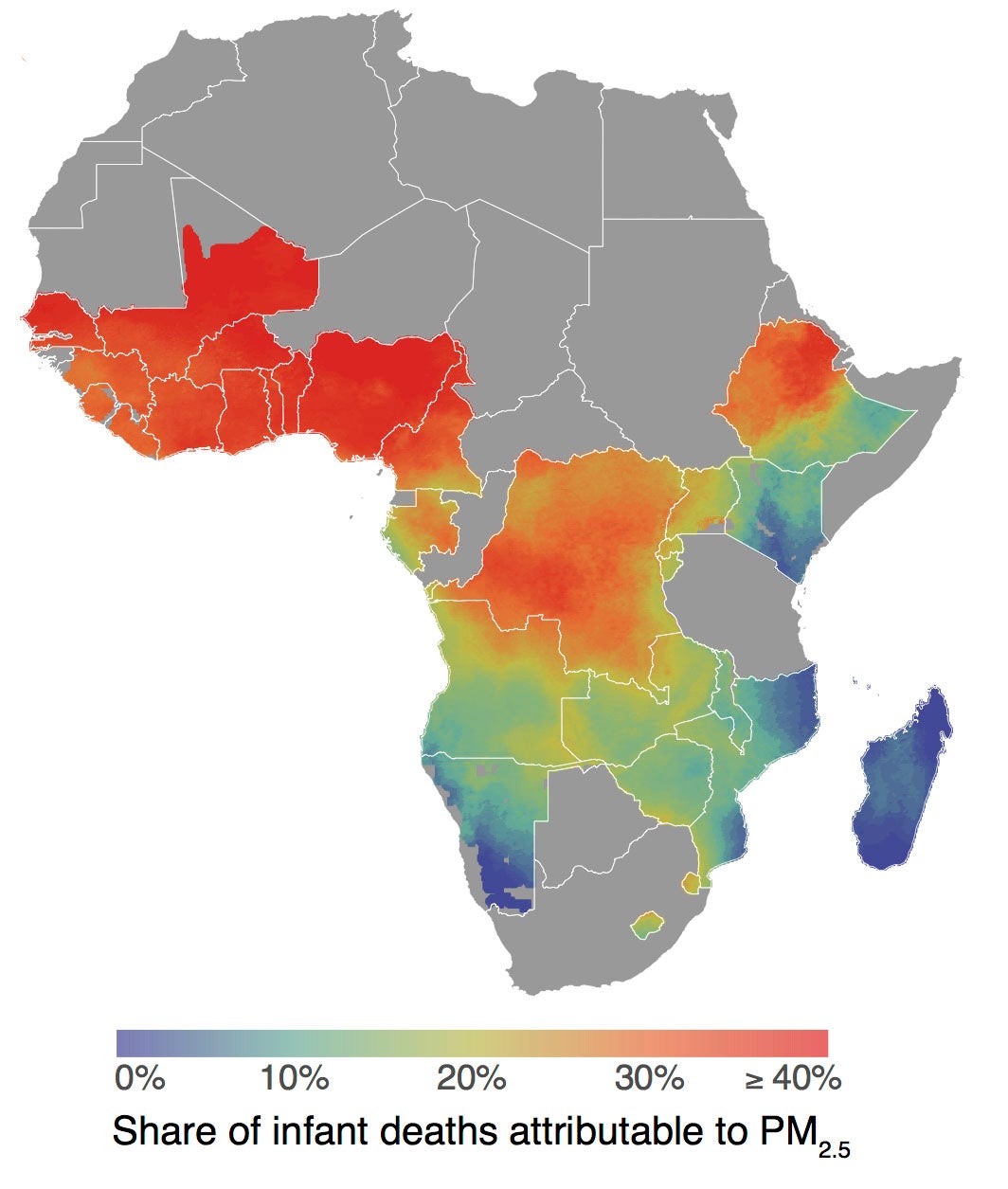 heat map of share of infant deaths in sub-Saharan Africa attributable to particulate matter