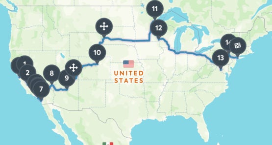 Road trip map across the U.S.