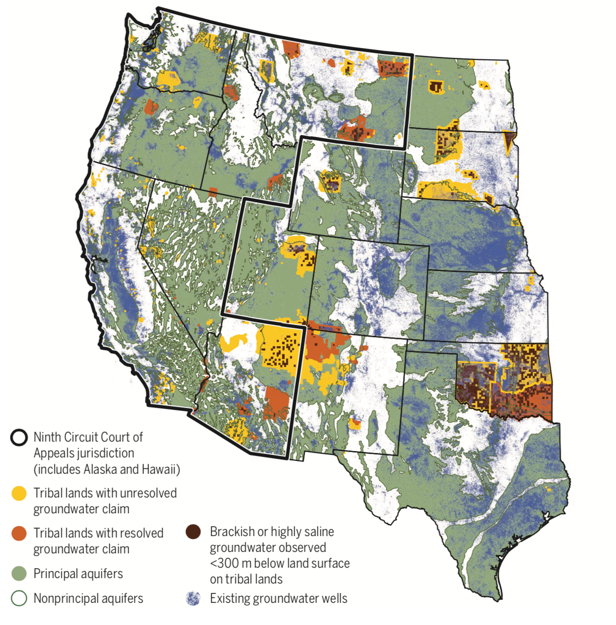 Map: Most unresolved Native American claims to groundwater exist in areas where there’s reason to believe major aquifers could yield significant amounts of groundwater, including in some places where nontribal wells already dot the landscape and increased pumping by tribes might disrupt their production.