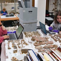 Students working in archaeology center
