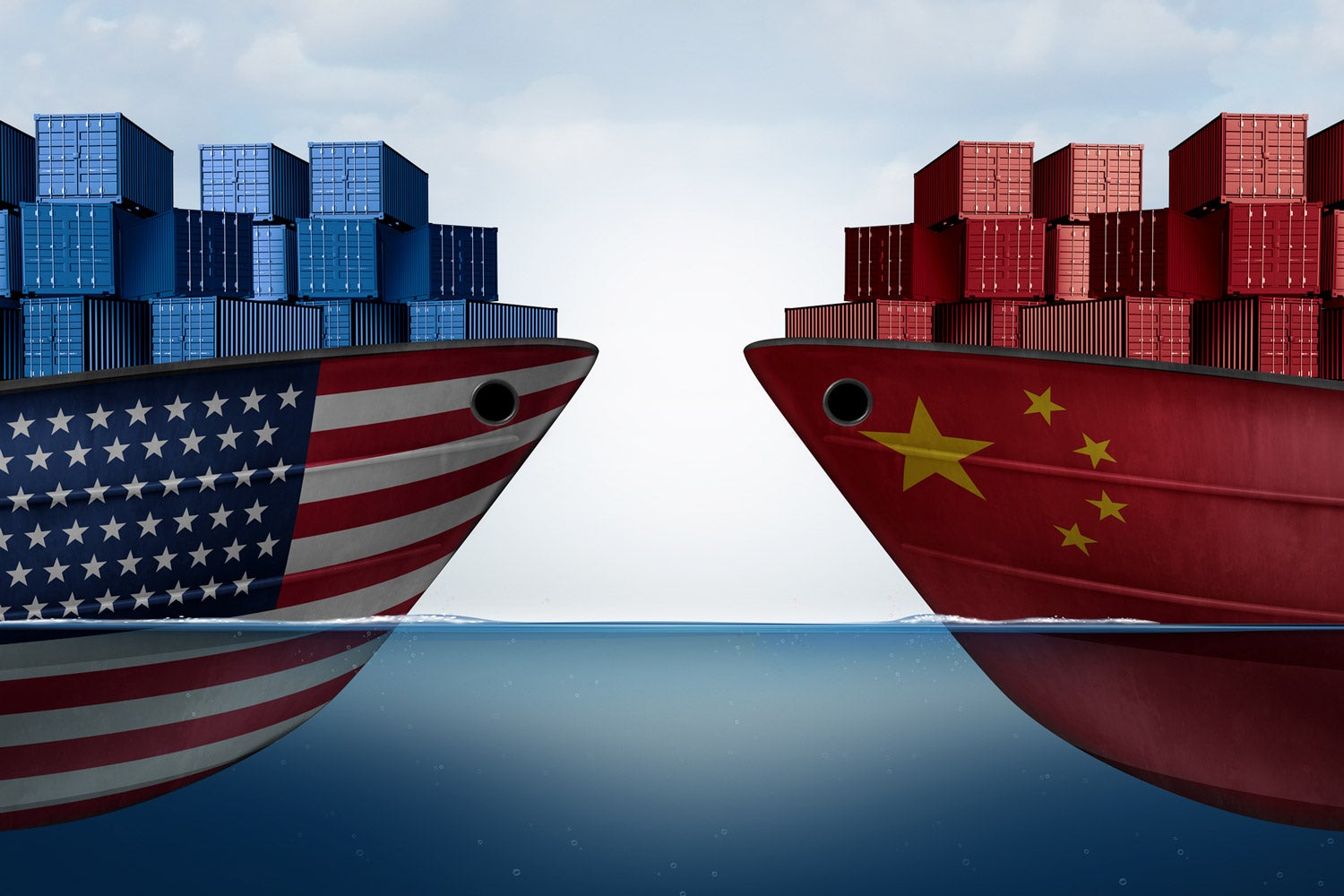China United States trade and American tariffs as two opposing cargo ships as an economic taxation dispute over import and exports concept as a 3D illustration.