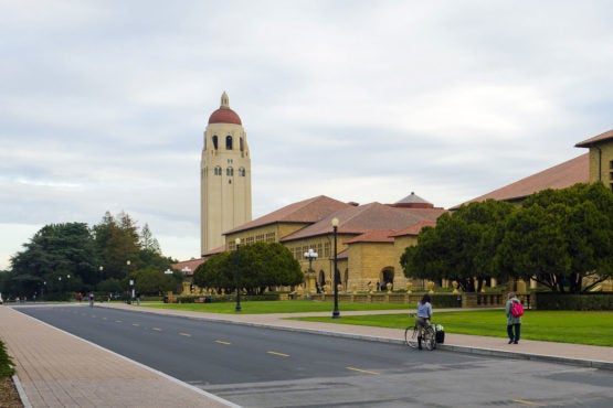 a view of Serra Mall toward Hoover Tower from near top of Oval