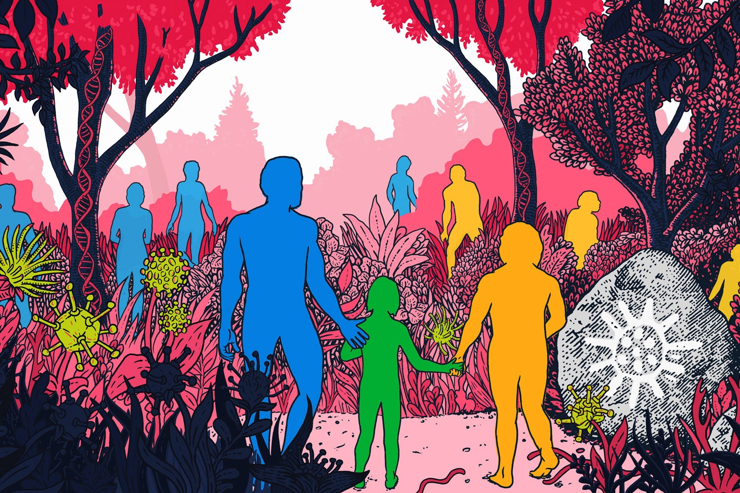 artists rendering of human silhouettes in a landscape with representations of viruses and DNA helixes
