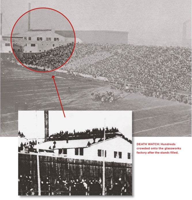 historical photo: After the stadium filled up, hundreds of spectators crowded onto a rickety rooftop to view the Big Game in 1900 in San Francisco.