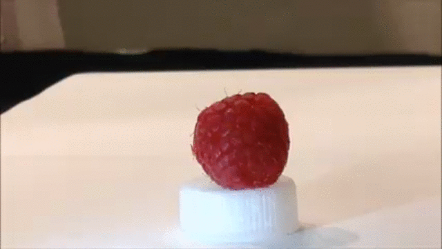 Robot finger gently touches a raspberry.
