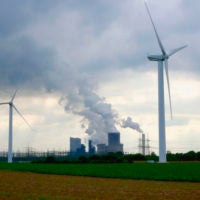 Wind turbines and Brown coal power plant in Bergheim, Rhine-Erft, Germany.