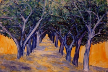 Boulevard with blue trees on either side and an orange-yellow background