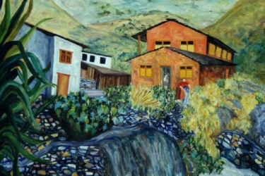 Houses around a stream and waterfall with a person pouring water and hills in the background