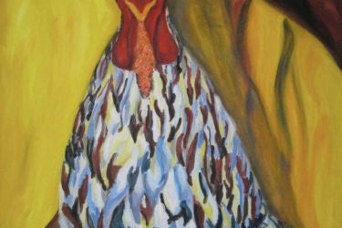 Hands holding a chicken with an open beak against a yellow and brown background