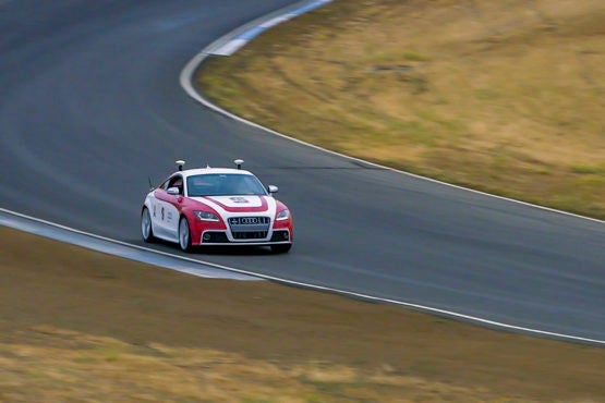Shelley, Stanford's autonomous Audi TTS, performs at Thunderhill Raceway Park.