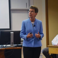 Patricia Gumport, vice provost for graduate education and postdoctoral affairs, speaking at Faculty Senate meeting of April 25, 2019.