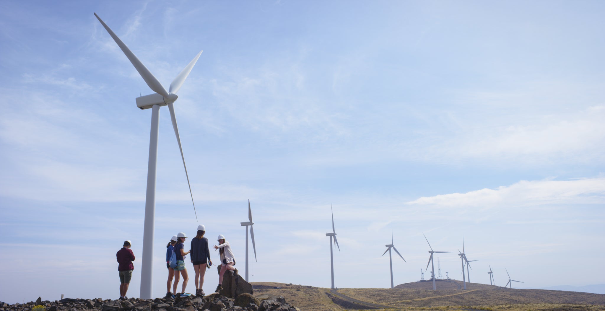 Wind turbines on a hillside, with students
