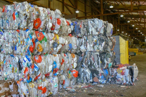 Bales of plastic at a recycling center