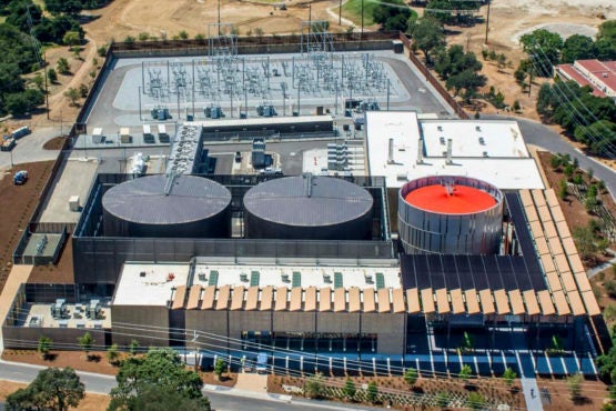 At Stanford’s Central Energy Facility, the two larger tanks hold chilled water and the smaller tank holds hot water.