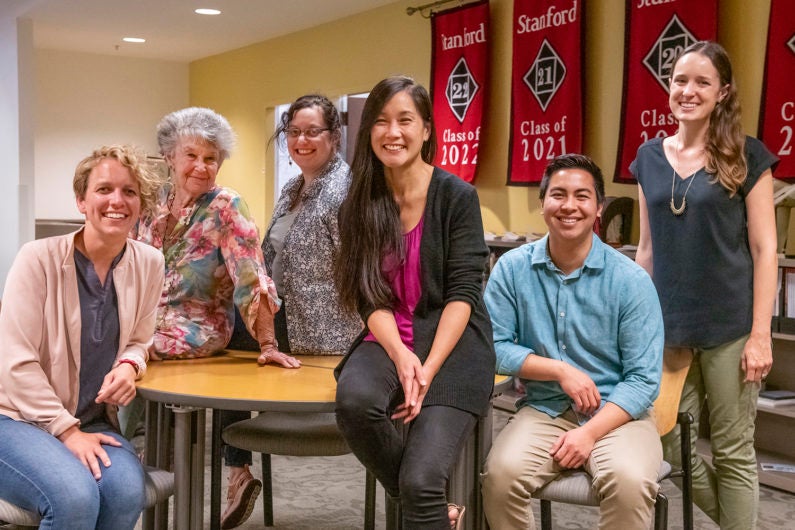 Approaching Stanford staffers: Diane Suedbeck, Sally Mentzer, Alice Petty, Edith Wu, Niles Wilson, Anna Stone