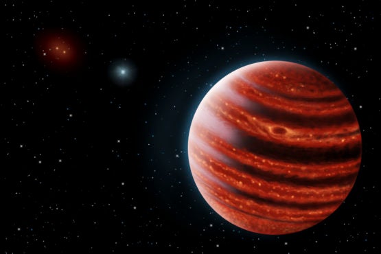 Artist’s conception portrays exoplanet 51 Eri b seen in near-infrared light, which shows the hot layers deep in its atmosphere glowing through clouds.