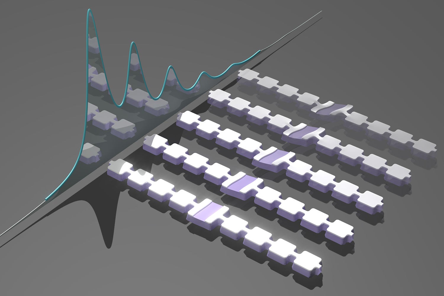 Artist's impression of an array of nanomechanical resonators designed to generate and trap sound particles, or phonons.