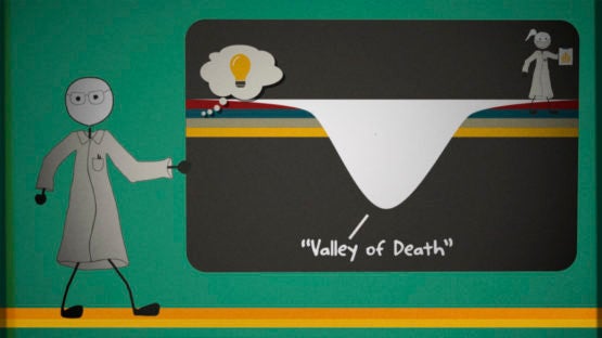 Cartoon scientist showing the valley of death
