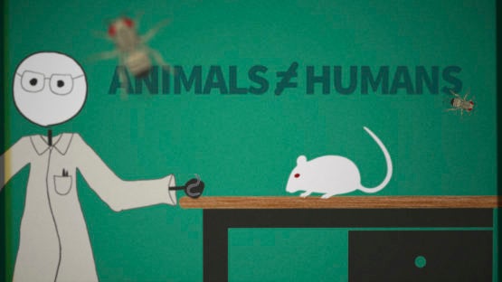 Cartoon scientist with laboratory animals
