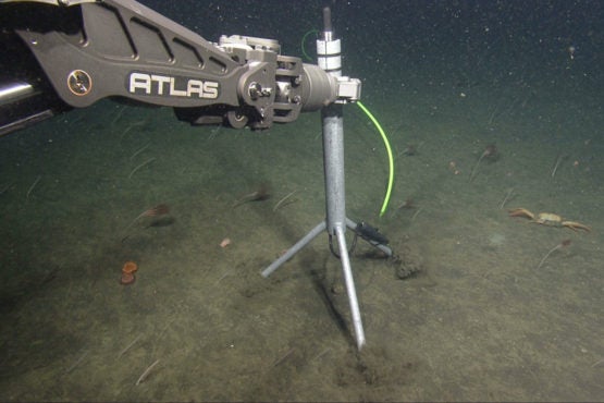 Hydrophone on a tripod held by robotic arm