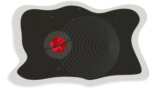 Illustration showing circular doppler waves and a red planet with a black ring