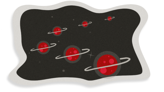 Illustration of an arc of red planets with white rings in space