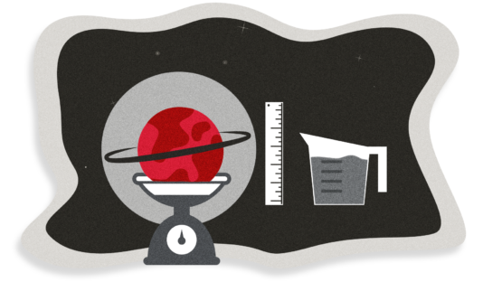 Illustration of a red planet with a black ring on a scale, next to a ruler and a measuring cup