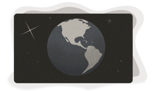 Grayscale illustration of Earth with glinting stars around it