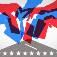 red and blue overlapping silhouettes of people voting in USA elections
