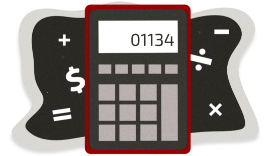 Illustration of a calculator on a background with math symbols. The calculator has the number 01134 on the screen.